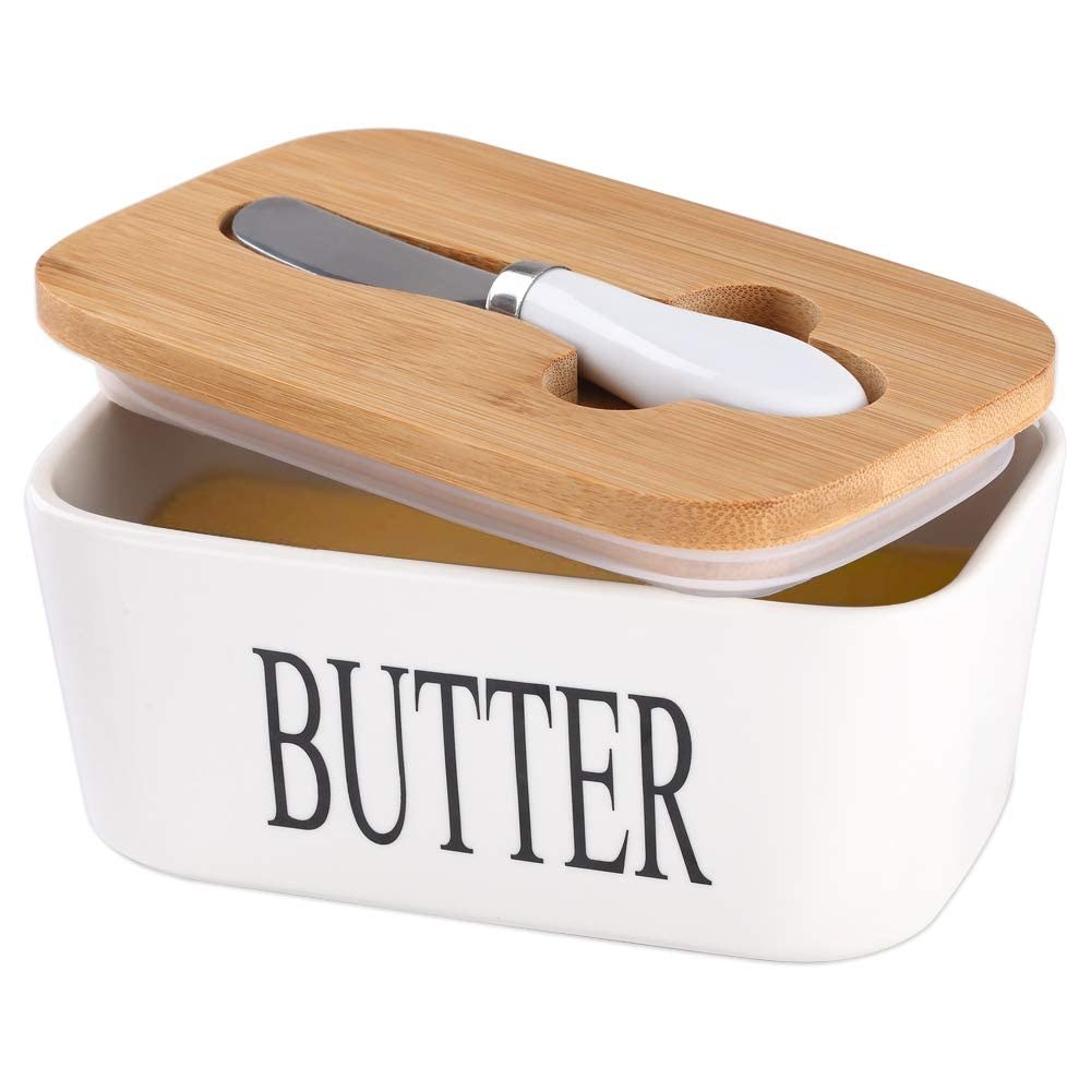 Ceramic Butter Dish with Wooden Lid & butter knife — Dallas Home