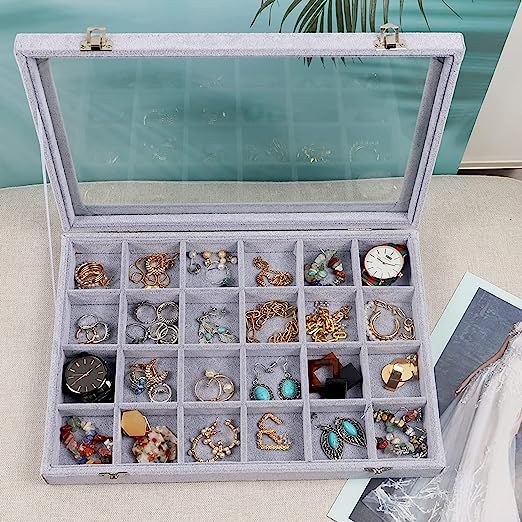 Jewelry Organizer Tray with Clear Lid 24 Grid Velvet Drawer — Dallas Home